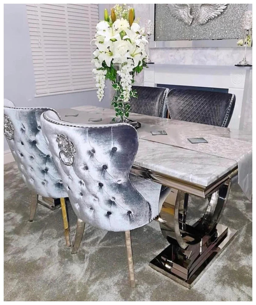 Arianna Grey Marble 180cm Dining Table + Valente Dark Grey Lion Velvet 