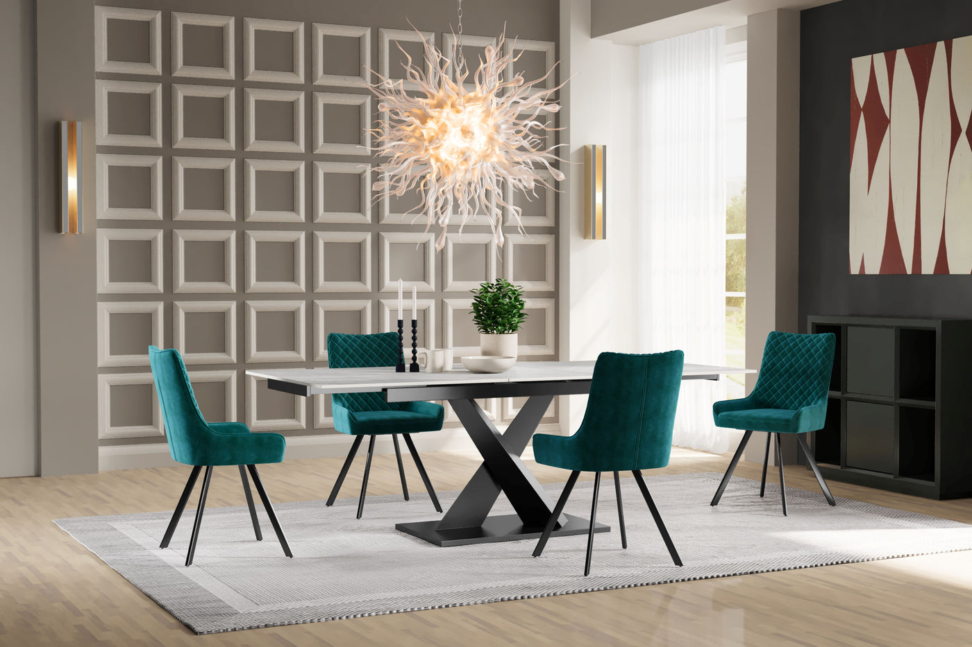 Toronto 140-180cm White Ceramic Marble Extending Dining Table With Velvet Dining Chairs