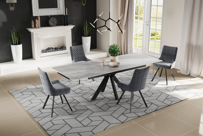 Nova 160-240cm Grey Matt Ceramic Marble Side Extending Dining Table With Velvet Dining Chairs