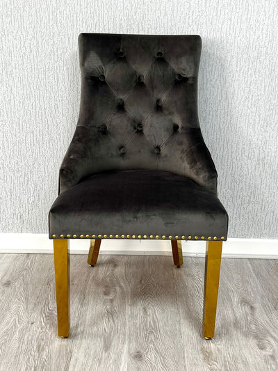 Majestic Dark Grey Gold Lion Knocker Quilted Tufted Plush Velvet Dining Chair Gold Legs