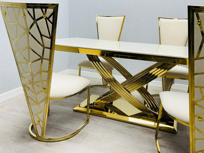 Elina 180cm Gold Dining Table With Florence High Back Velvet Gold Chairs