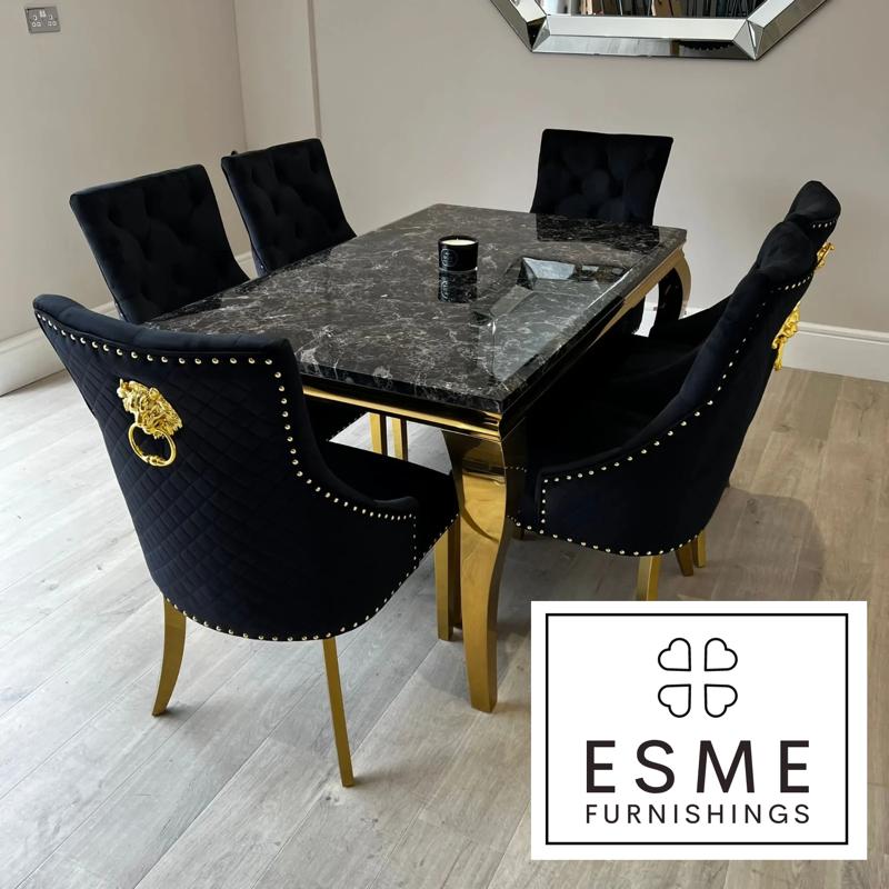 Louis Gold Marble & Chrome Dining Table With Gold Quilted Lion Knocker Velvet Chairs