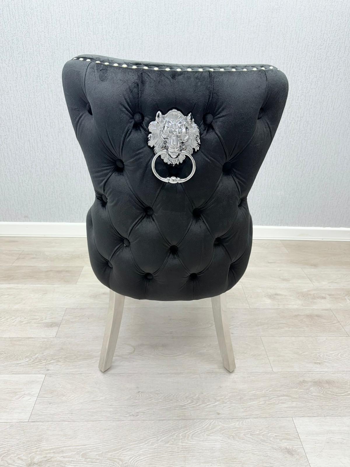 Victoria Black Chrome Lion Knocker Button Back Plush Velvet Chairs - Pairs