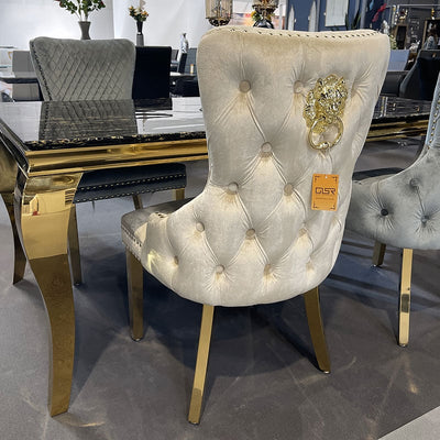 Louis Grey Gold Marble Dining Table With Victoria Shimmer Velvet Lion Knocker Velvet Chairs