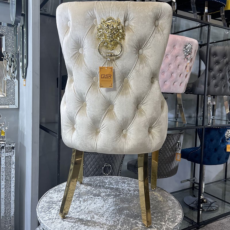 Louis Grey Gold Marble Dining Table With Victoria Shimmer Velvet Lion Knocker Velvet Chairs