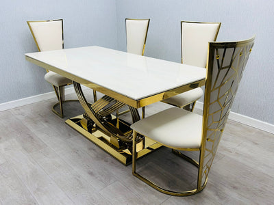 Elina 180cm Gold Dining Table With Florence High Back Velvet Gold Chairs