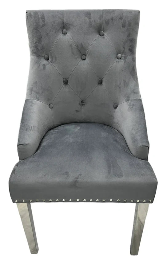 Dakota Dark Grey French Velvet Quilted Back Dining Chair With Chrome Legs