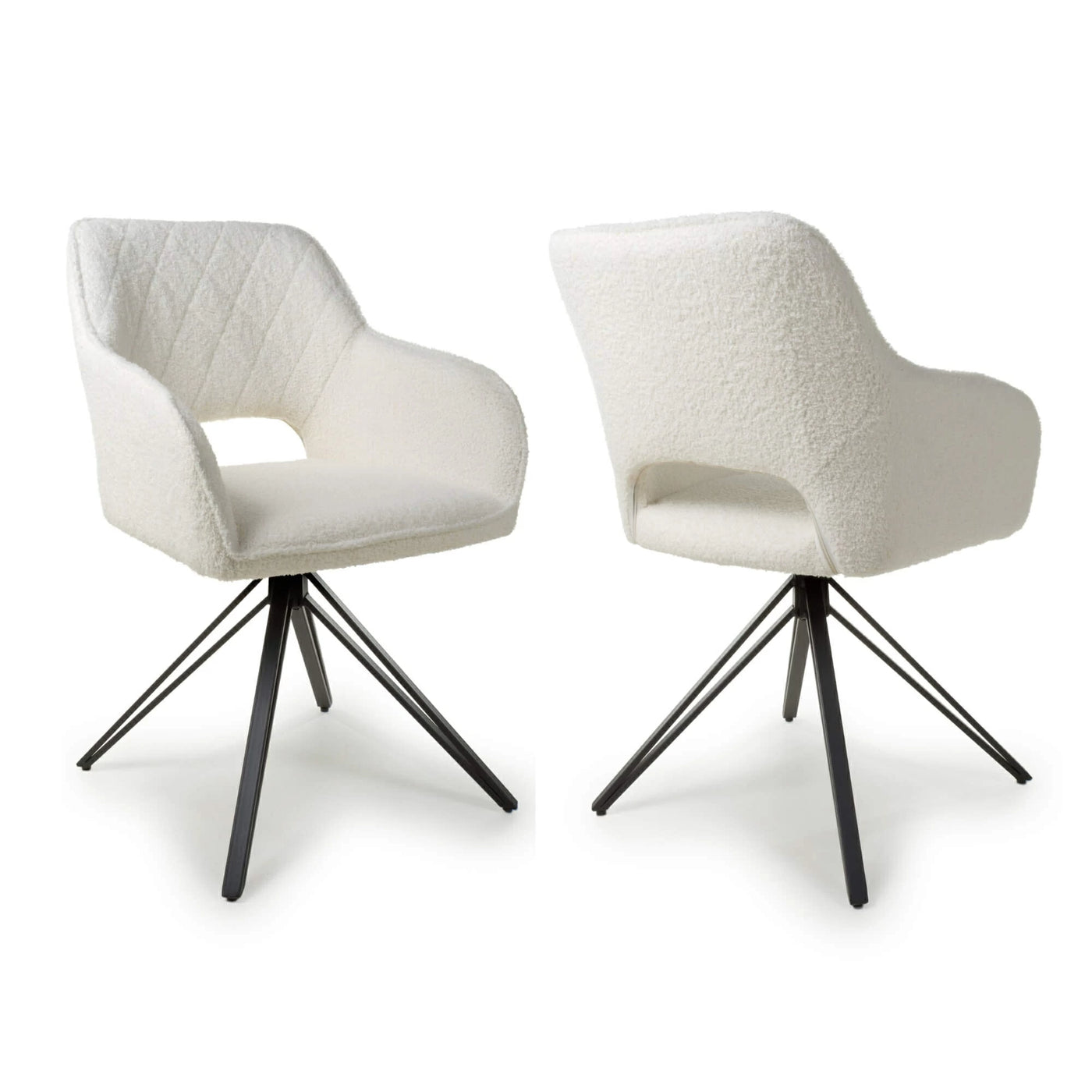 Set of 2 Roxy Swivel Boucle Fabric White Dining Chair Black Legs (Pairs)