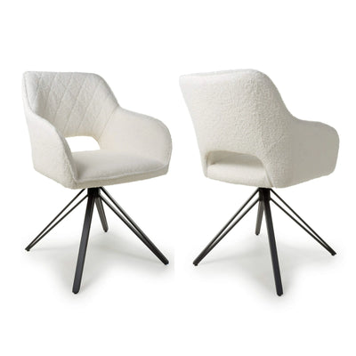 Set of 2 Roxy Swivel Boucle Fabric White Dining Chair Black Legs (Pairs)