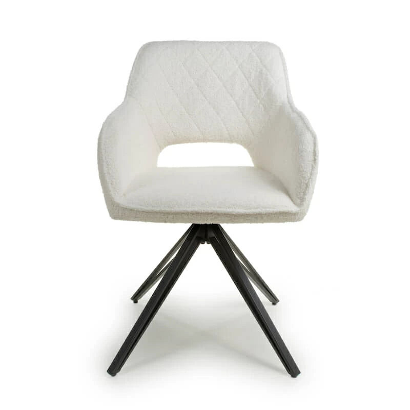 Set of 2 Roxy Swivel Boucle Fabric White Dining Chair Black Legs (Pairs)