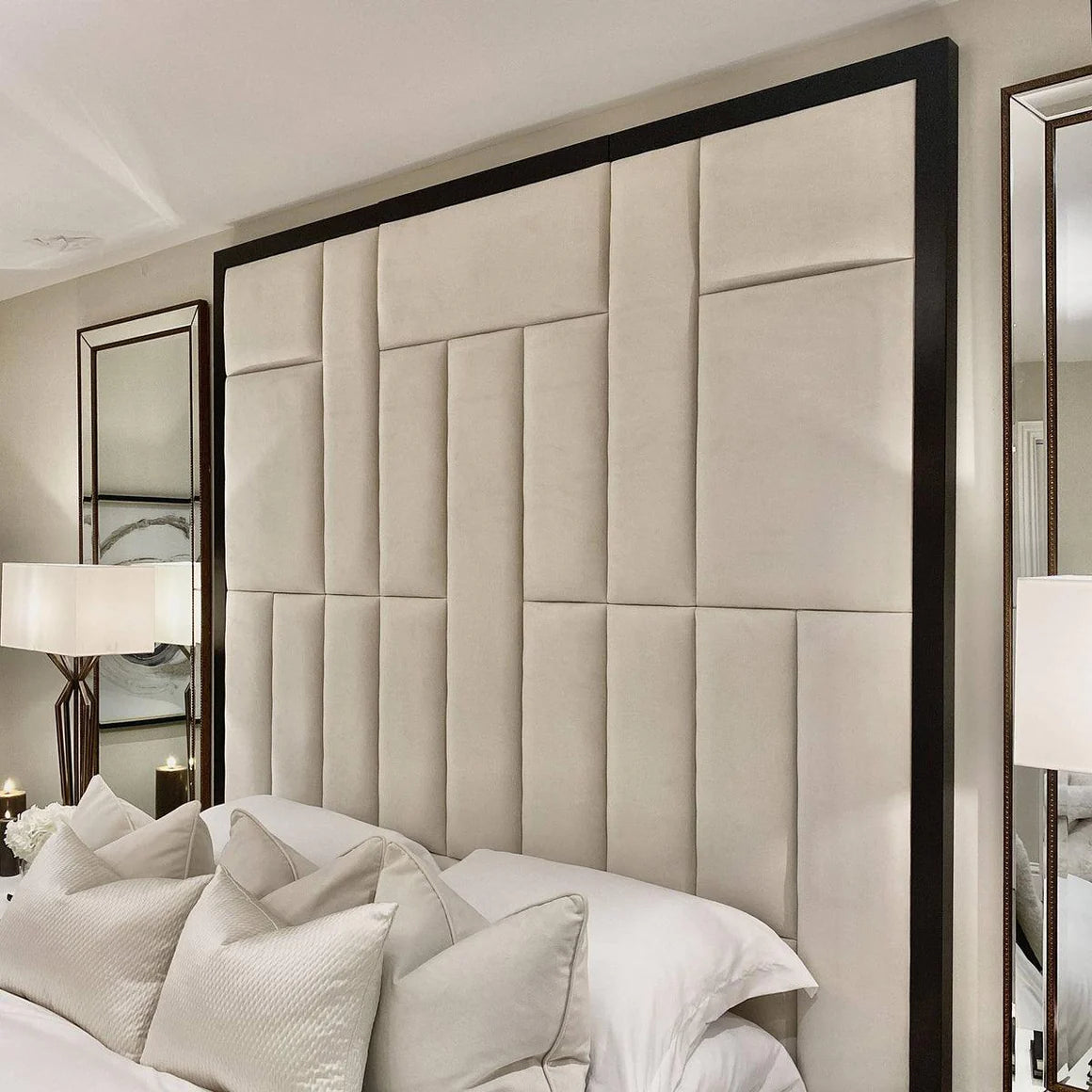 The Grosvenor Abstract Panel Bed in Cream Velvet with Black Edge