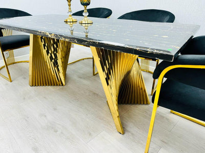Ravello Black & Gold Marble Dining Table With Porto Gold Chairs