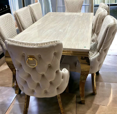 Louis 160cm Marble & Gold Dining Table With Victoria Gold Ring Knocker Velvet Chairs