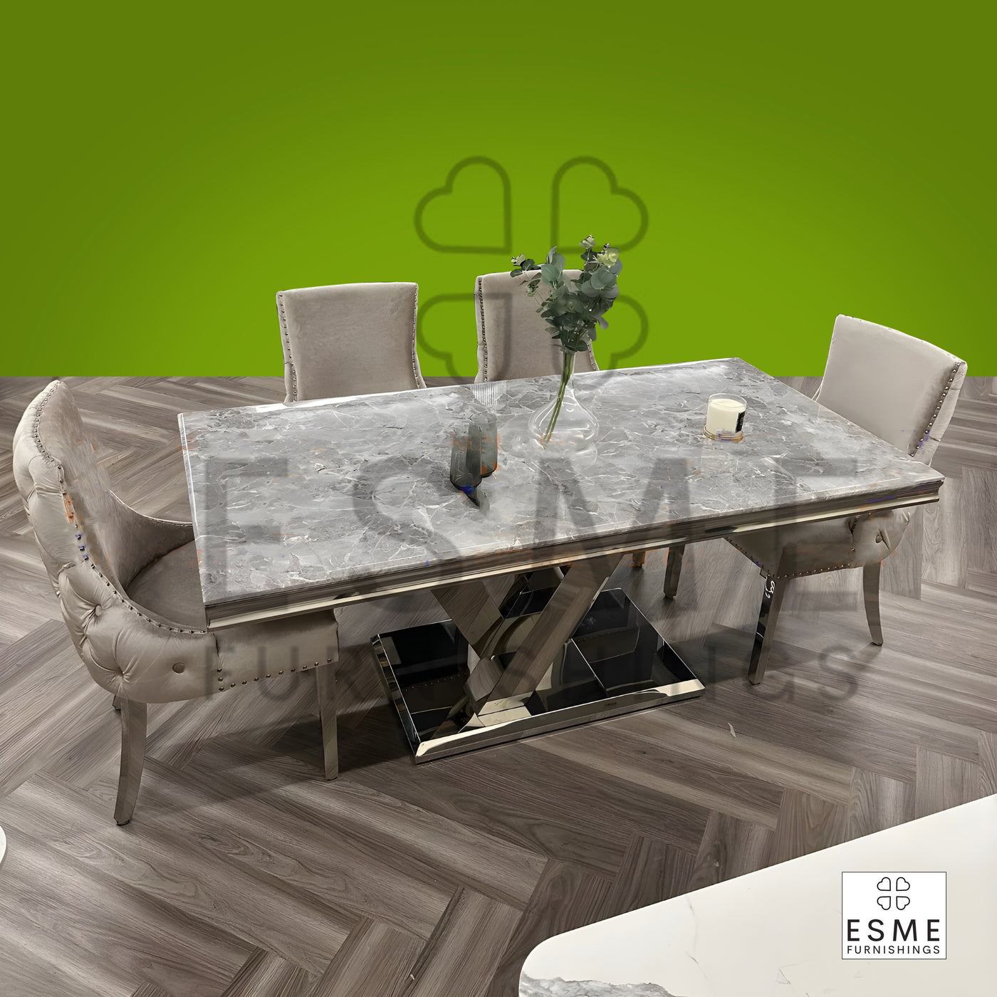 Venice 180cm Marble & Chrome Dining Table With Kensington Button Back Velvet Chairs