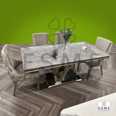 Venice 180cm Marble & Chrome Dining Table With Kensington Button Back Velvet Chairs