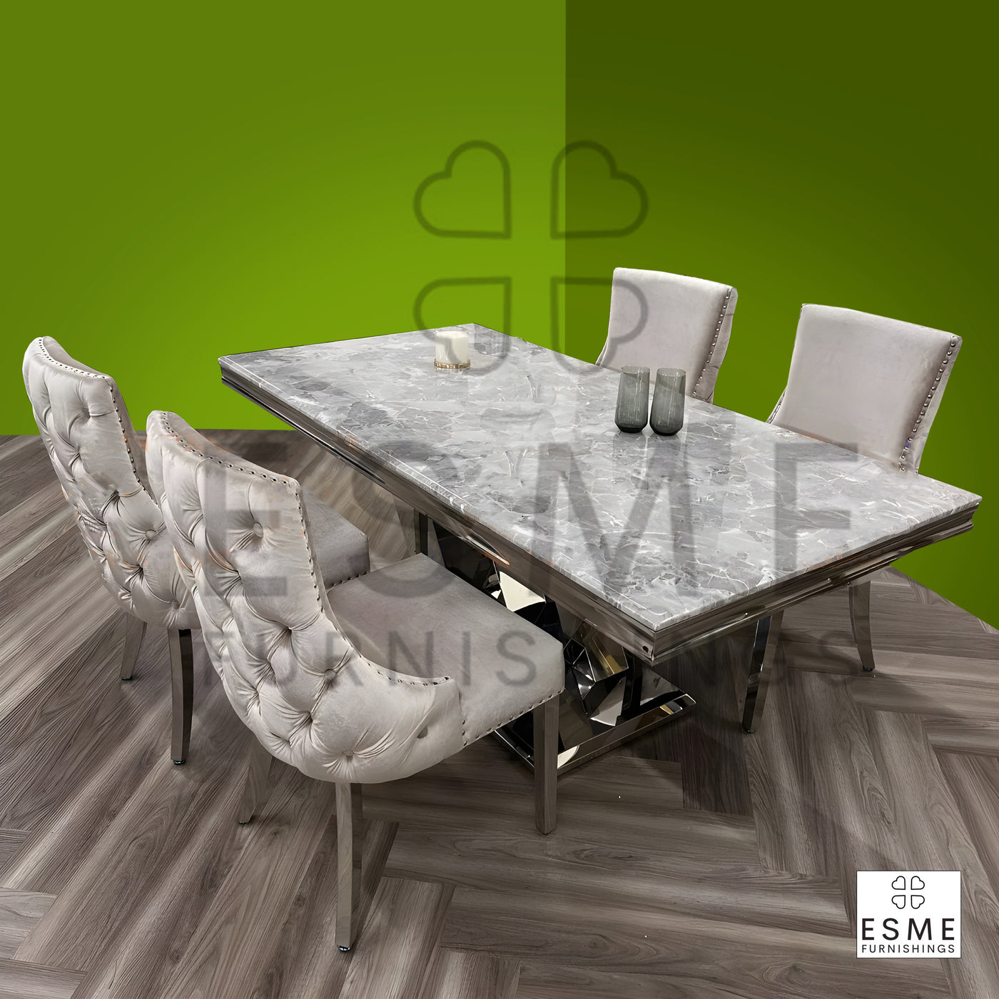 Venice 180cm Marble & Chrome Dining Table With Kensington Button Back Velvet Chairs