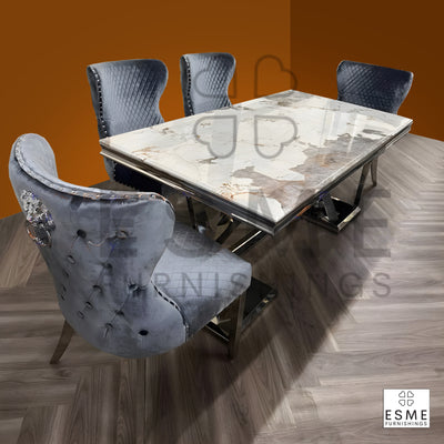 Xavia 180cm Marble & Chrome Dining Table With Valente Lion Knocker Velvet Chairs