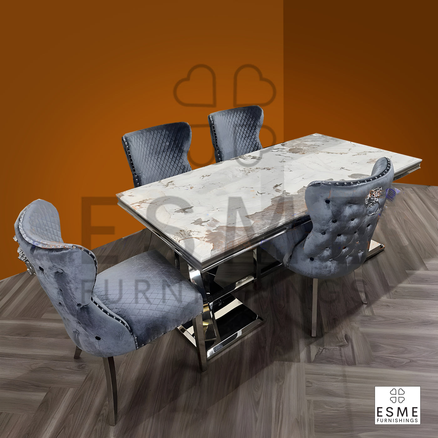 Xavia 180cm Marble & Chrome Dining Table With Valente Lion Knocker Velvet Chairs