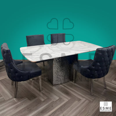 Roma Marble & Chrome Dining Table With Kensington Button Velvet Chairs