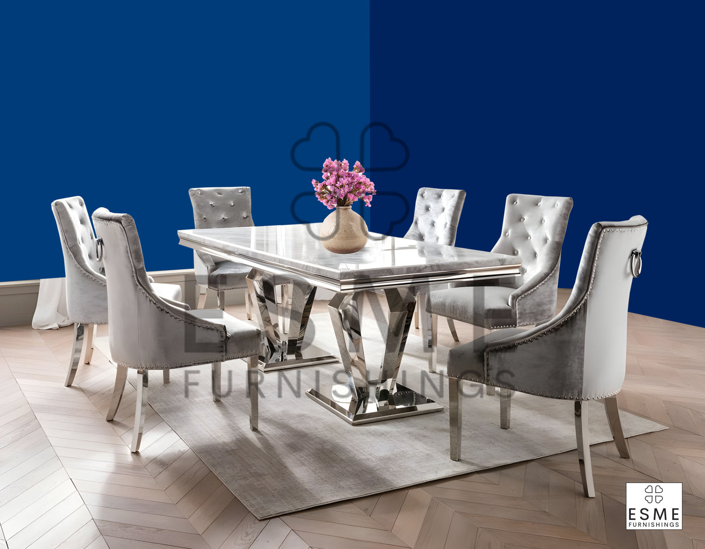 Arturo Marble & Chrome Dining Table With Shimmer Chrome Ring Knocker Chairs