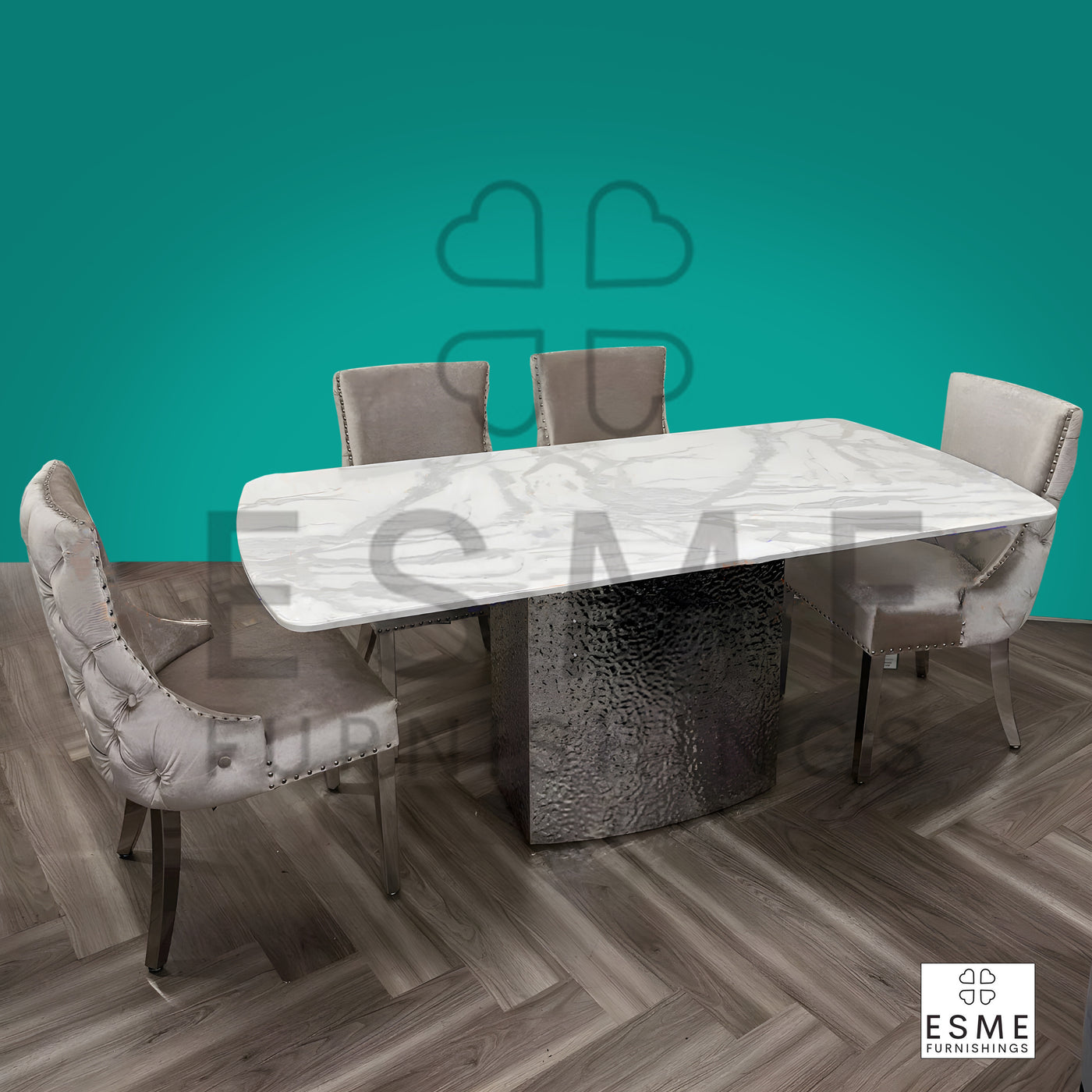 Roma Marble & Chrome Dining Table With Kensington Button Velvet Chairs