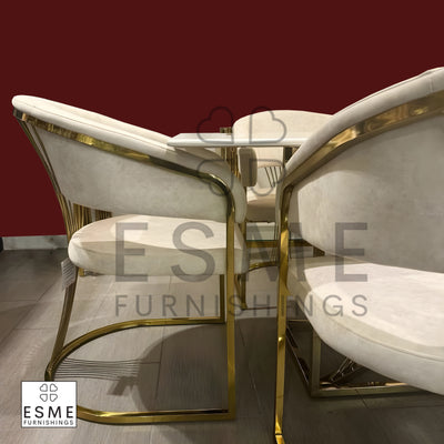 Ohio Gold White Marble 180cm Dining Table + Porto Cream/Gold Leathaire Fabric Dining Chairs