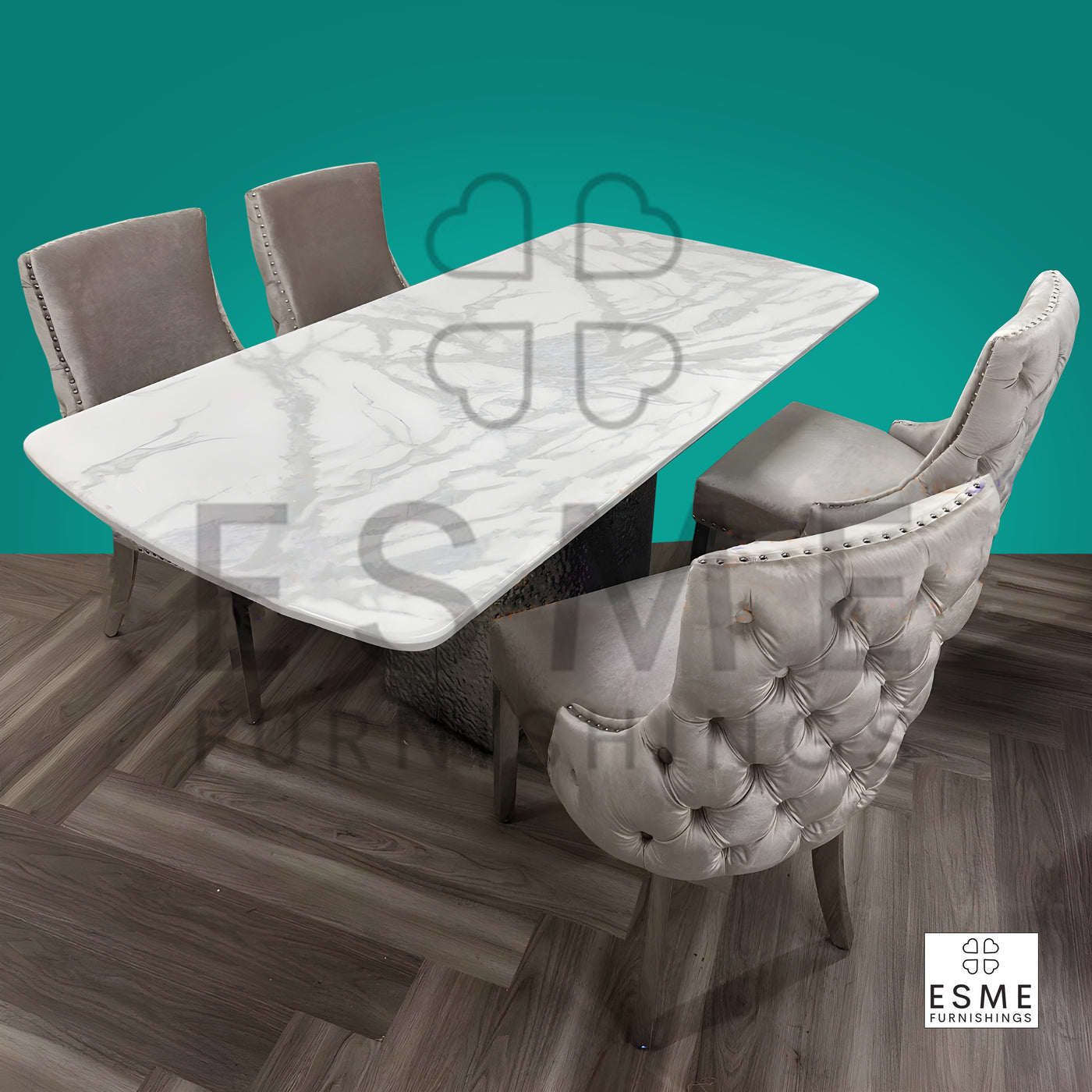 Roma Marble & Chrome Dining Table With Kensington Button Velvet Chairs