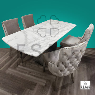 Roma Marble & Chrome Dining Table With Kensington Button Velvet Chairs