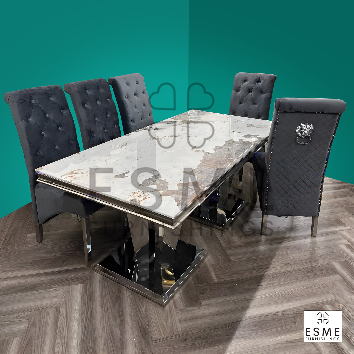 Arturo 180cm Marble & Chrome Dining Table With Lucy Slim Quilted Lion Knocker Velvet Chairs