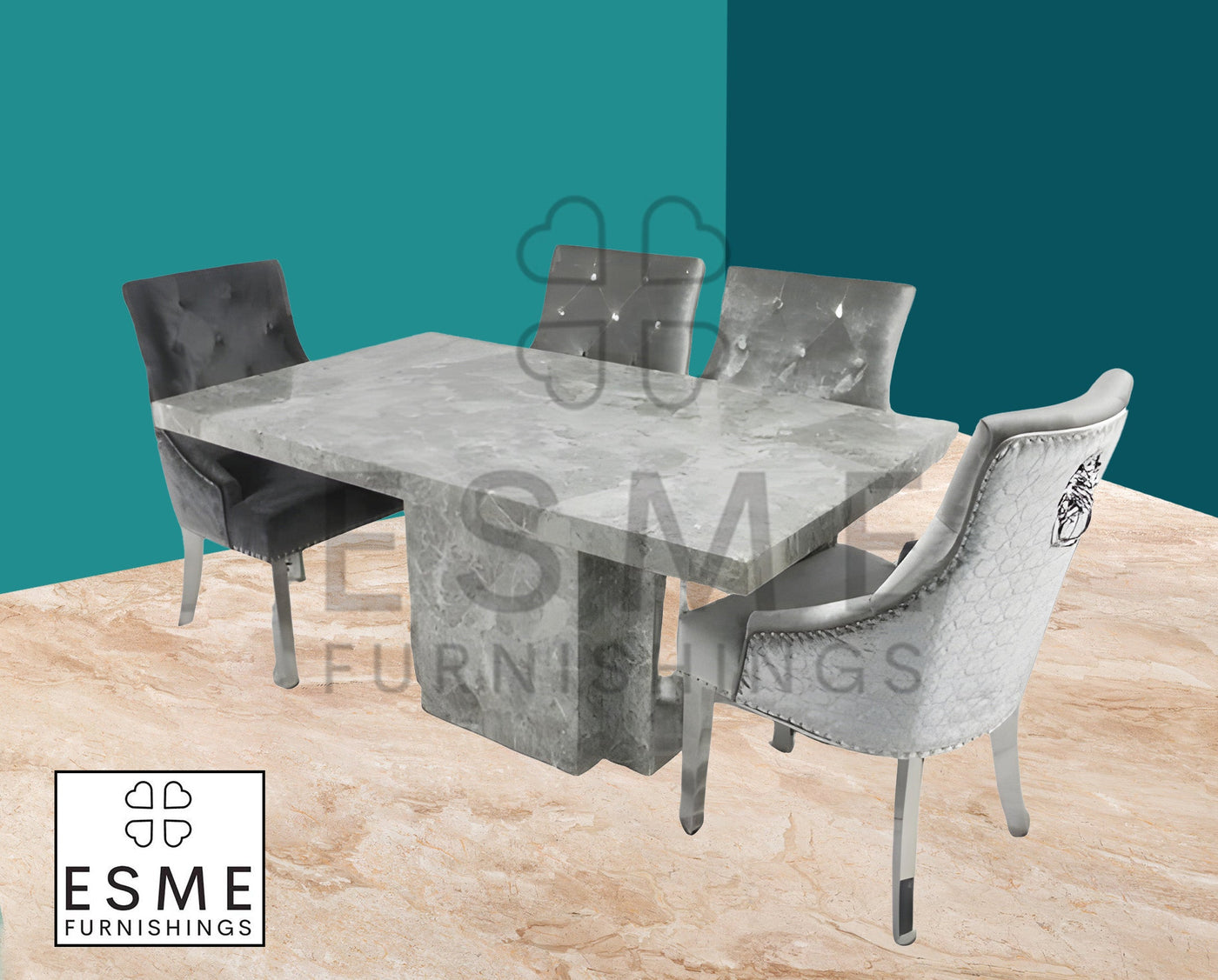 Minsk 180cm Grey Marble Round Dining Table + Chrome Lion Knocker Velvet Chairs
