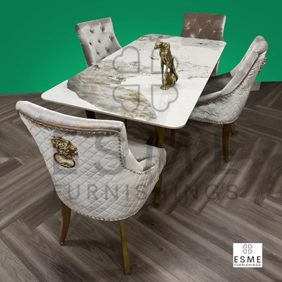 Lucien 180cm Pandora Gold Marble Dining Table With Gold Lion Knocker Dining Chairs