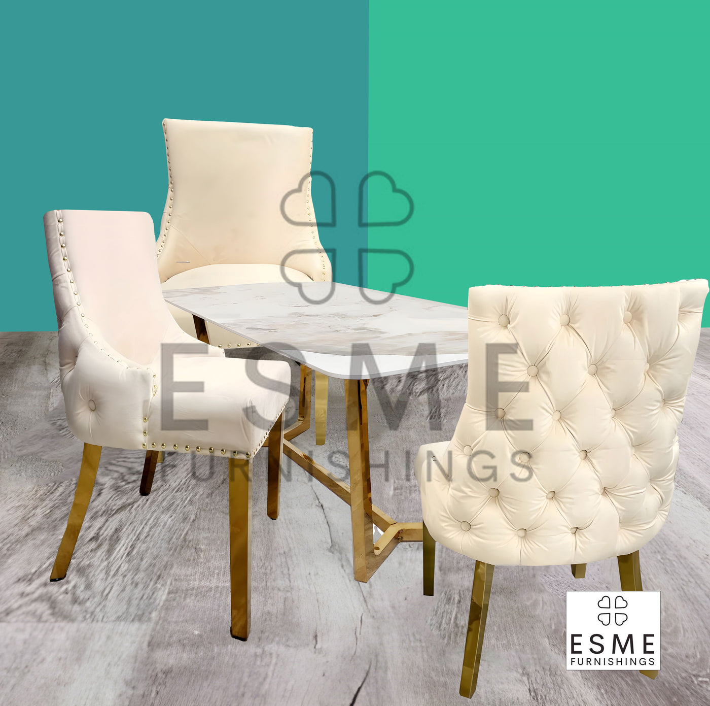 Lucien 180cm Gold Dining Table With Kensington Cream/Gold Velvet Dining Chairs
