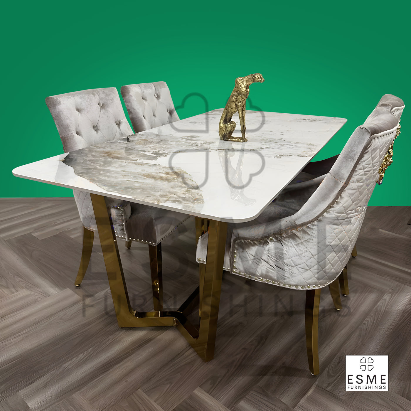 Lucien 180cm Pandora Gold Marble Dining Table With Gold Lion Knocker Dining Chairs