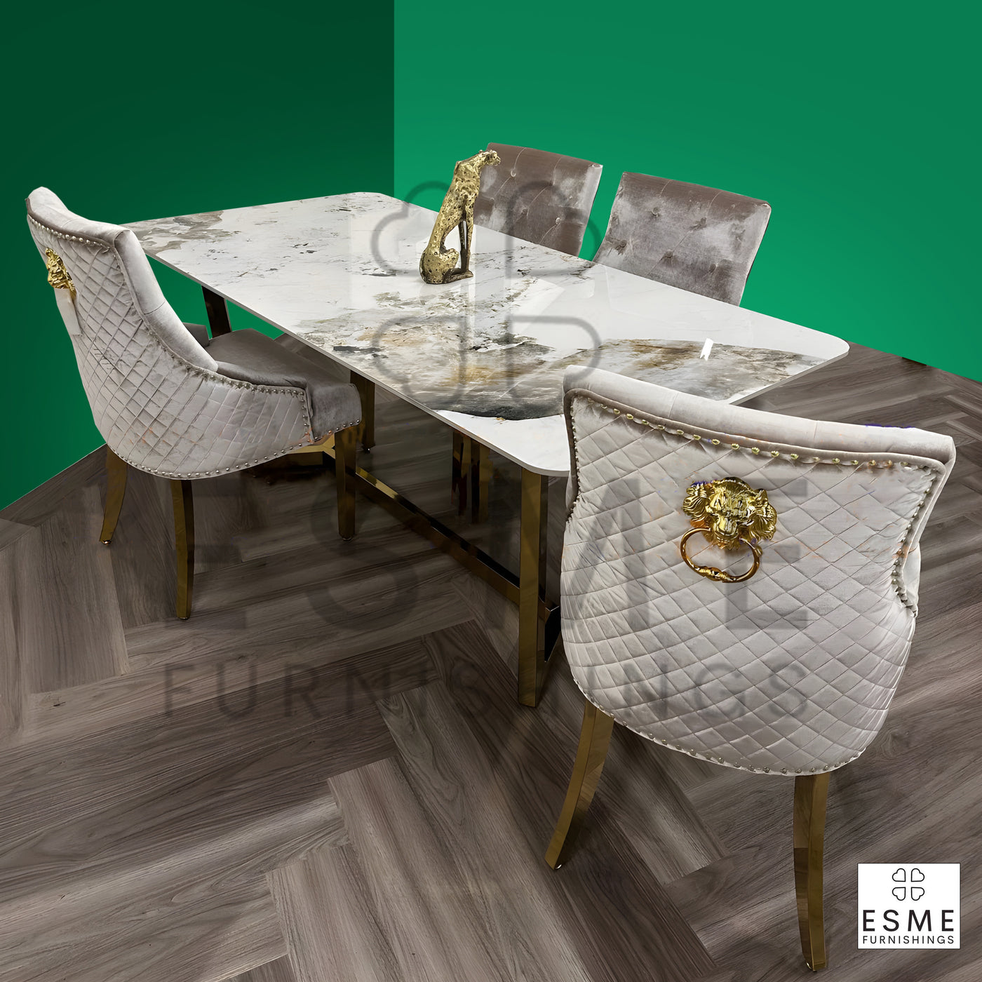 Lucien 180cm Pandora Gold Marble Dining Table With Gold Lion Knocker Dining Chairs