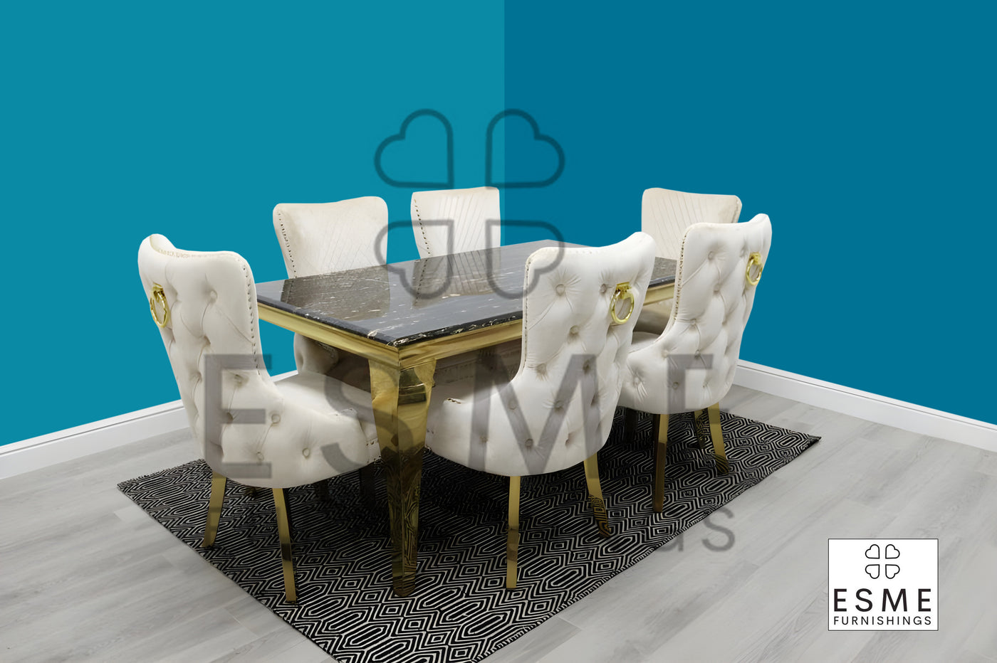 Louis 160cm Marble & Gold Dining Table With Victoria Gold Ring Knocker Velvet Chairs