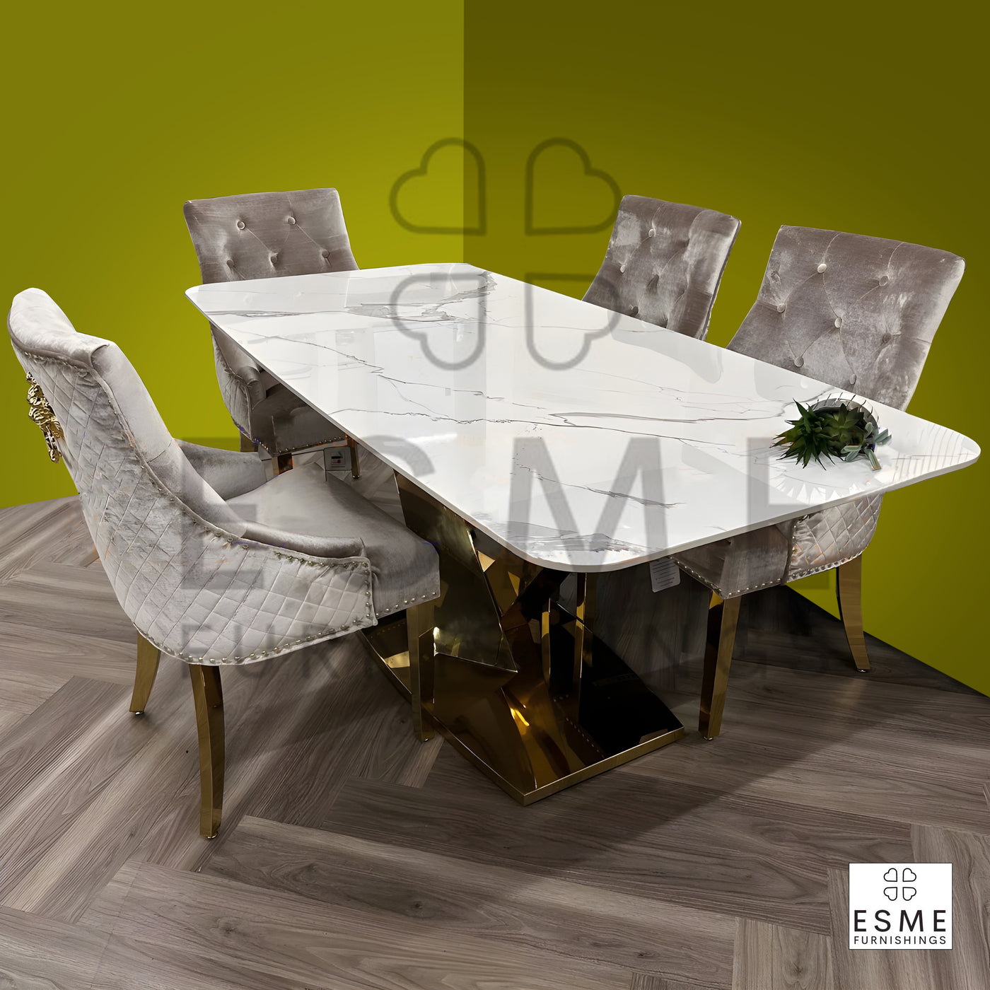 Valeo Gold / White Marble 180cm Dining Table With Gold Lion Knocker Dining Chairs