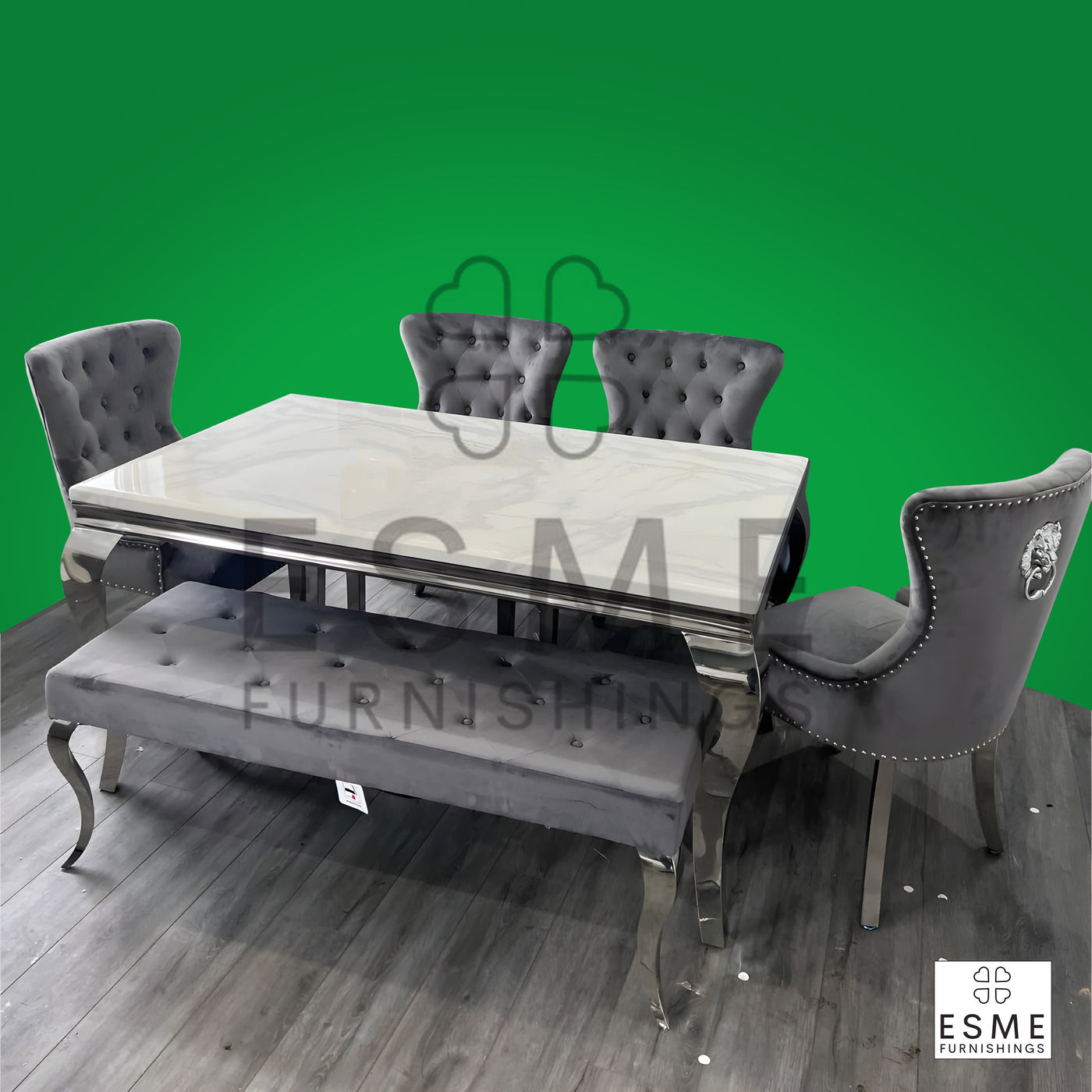 Louis Marble & Chrome Dining Table With Chelsea Grey Lion Knocker Velvet Chairs & Bench