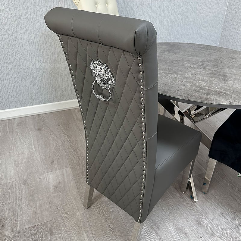 Lucy PU Lion Knocker Quilted Emma Slim Grey Leather Dining Chair Chrome Legs