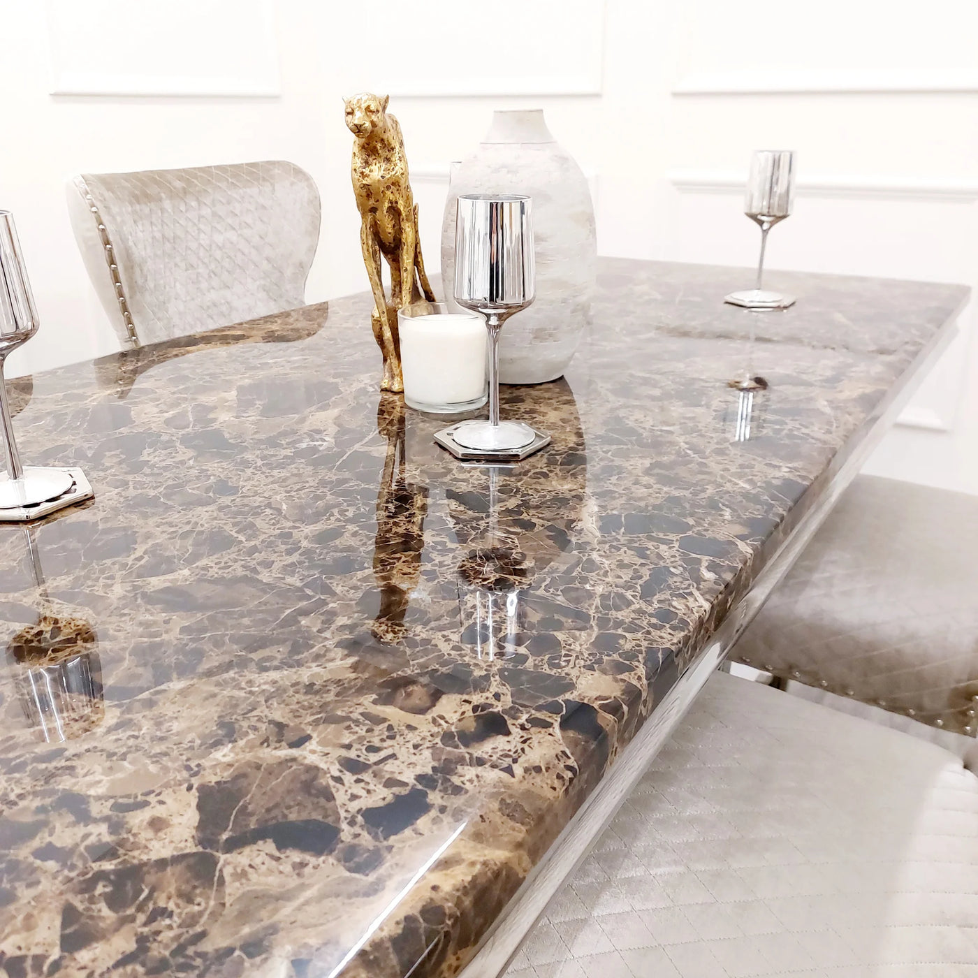 Arturo 180cm Marble Dining Table + Valente Shimmer Lion Dining Chairs