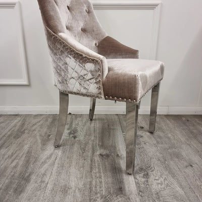 Arianna Sand Beige Marble & Chrome Dining Table With Shimmer Chrome Lion Knocker Chairs