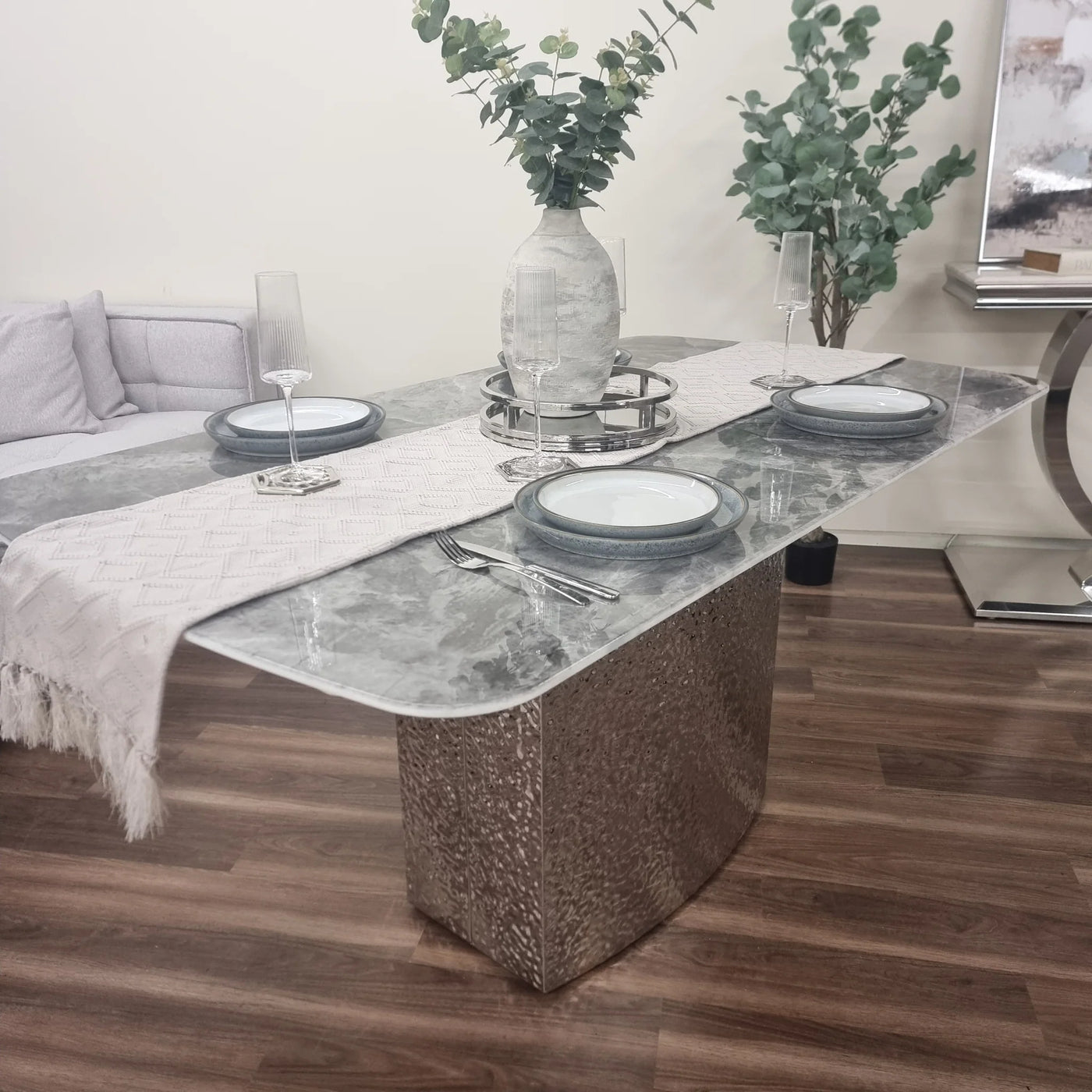 Roma Marble & Chrome Dining Table With Kensington Button Velvet Chairs