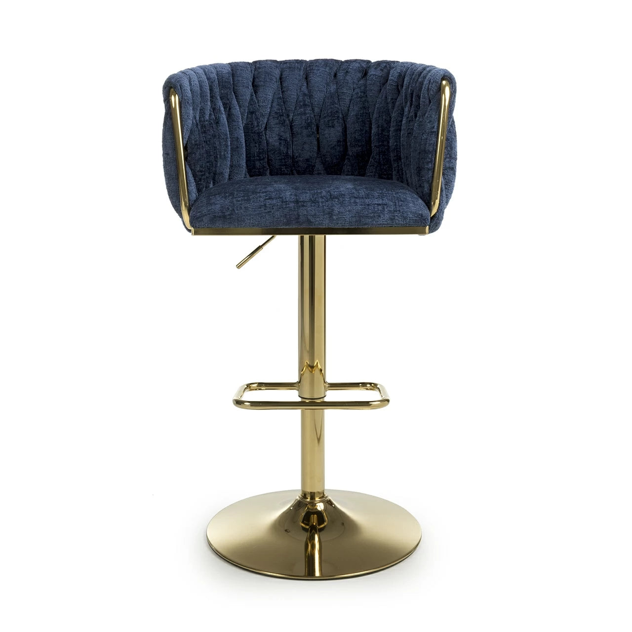 Lorne Luxury Blue & Gold Linen Fabric Bar Stool Adjustable Gold Legs