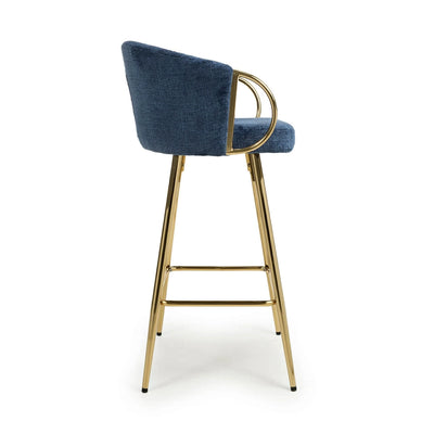 Viscose Luxury Blue & Gold Linen Fabric Bar Stool Gold Legs