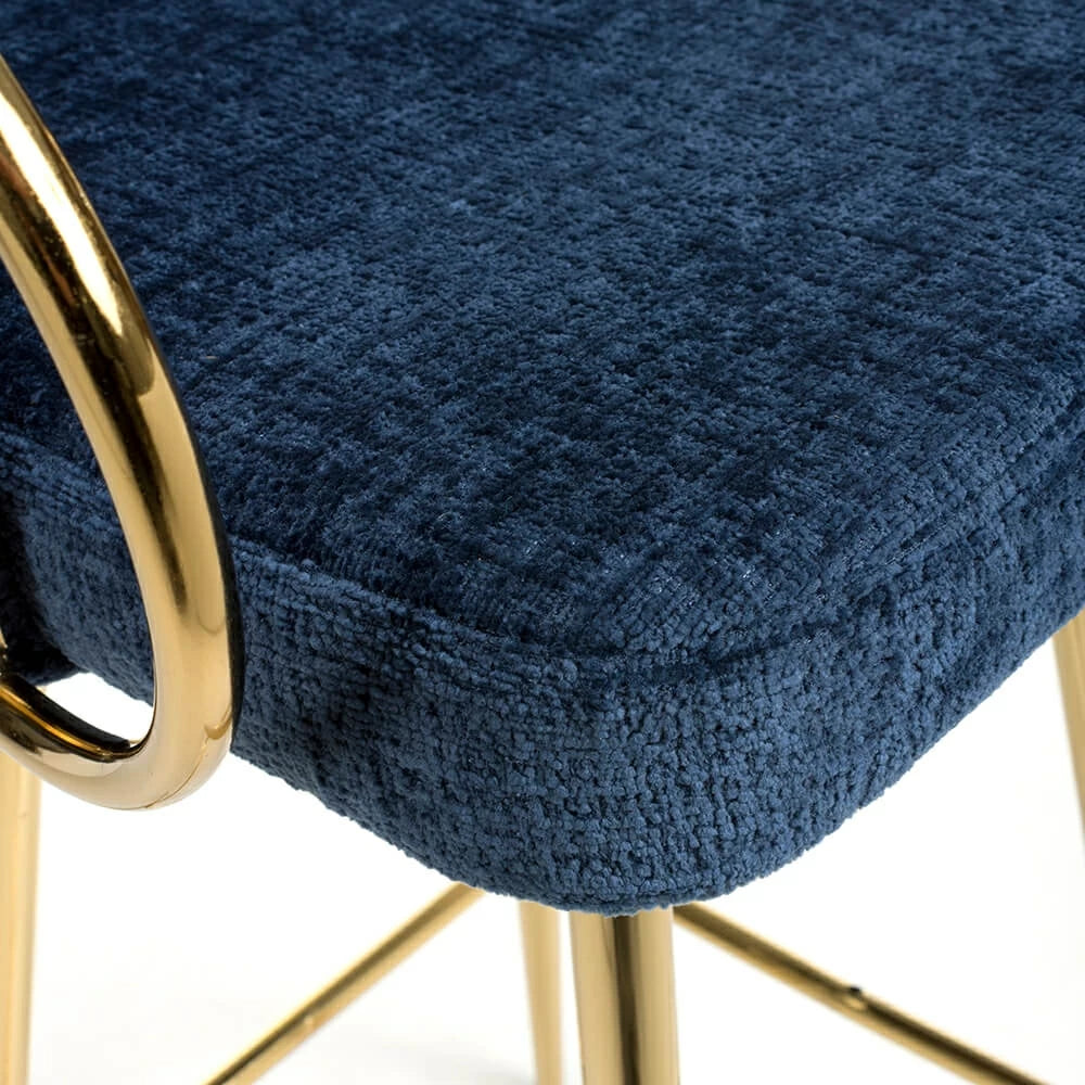 Viscose Luxury Blue & Gold Linen Fabric Bar Stool Gold Legs
