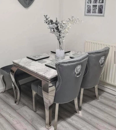 Louis 120cm Marble & Chrome Dining Table With Grey Lion Knocker Velvet Chairs & Bench