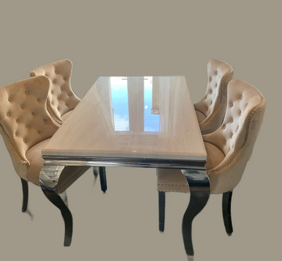Louis Cream Marble & Chrome Dining Table With Mink Cream Quilted Lion Knocker Velvet Chairs