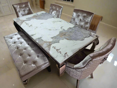 Louis Pandora Marble & Chrome Dining Table With Lion Knocker Velvet Chairs & Bench