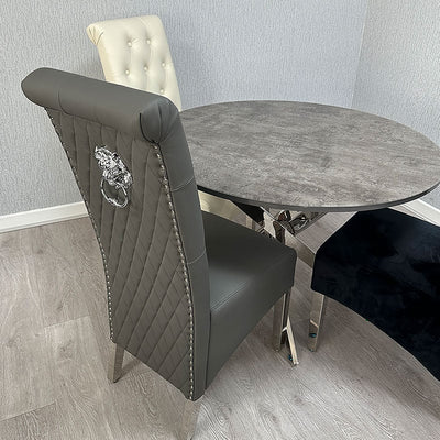 Arianna Marble & Chrome Dining Table With Lucy Slim Quilted Lion Knocker PU Leather Chairs