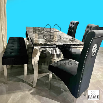 Louis Marble & Chrome Dining Table With Lucy Slim Quilted Lion Knocker Velvet Chairs & 140cm Bench