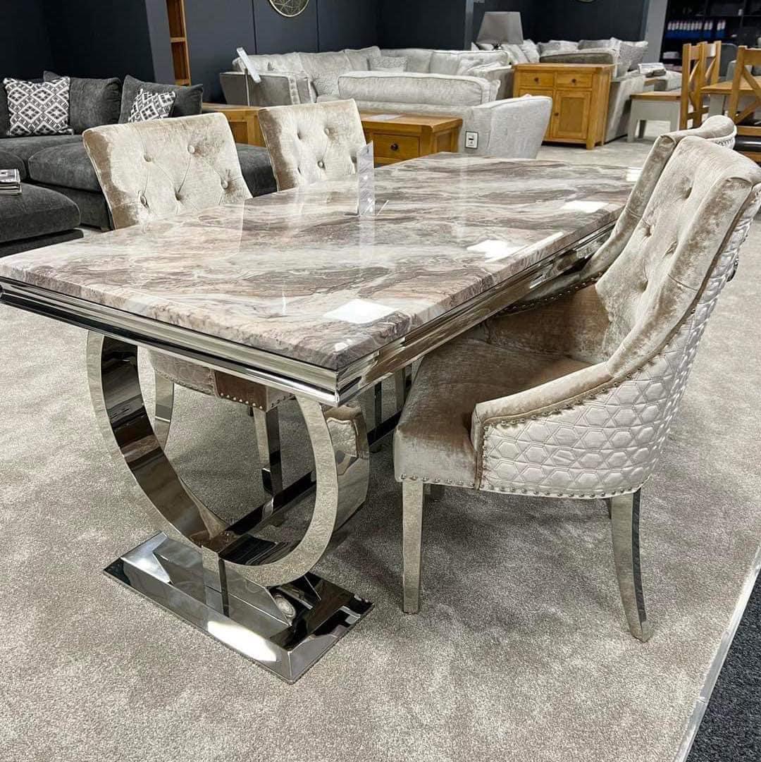 Arianna Sand Beige Marble & Chrome Dining Table With Shimmer Chrome Lion Knocker Chairs